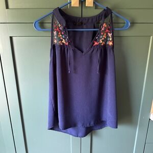 Flower Stitched Dark Blue Tank Size S Whimsical Romantic Dreamy Flirty